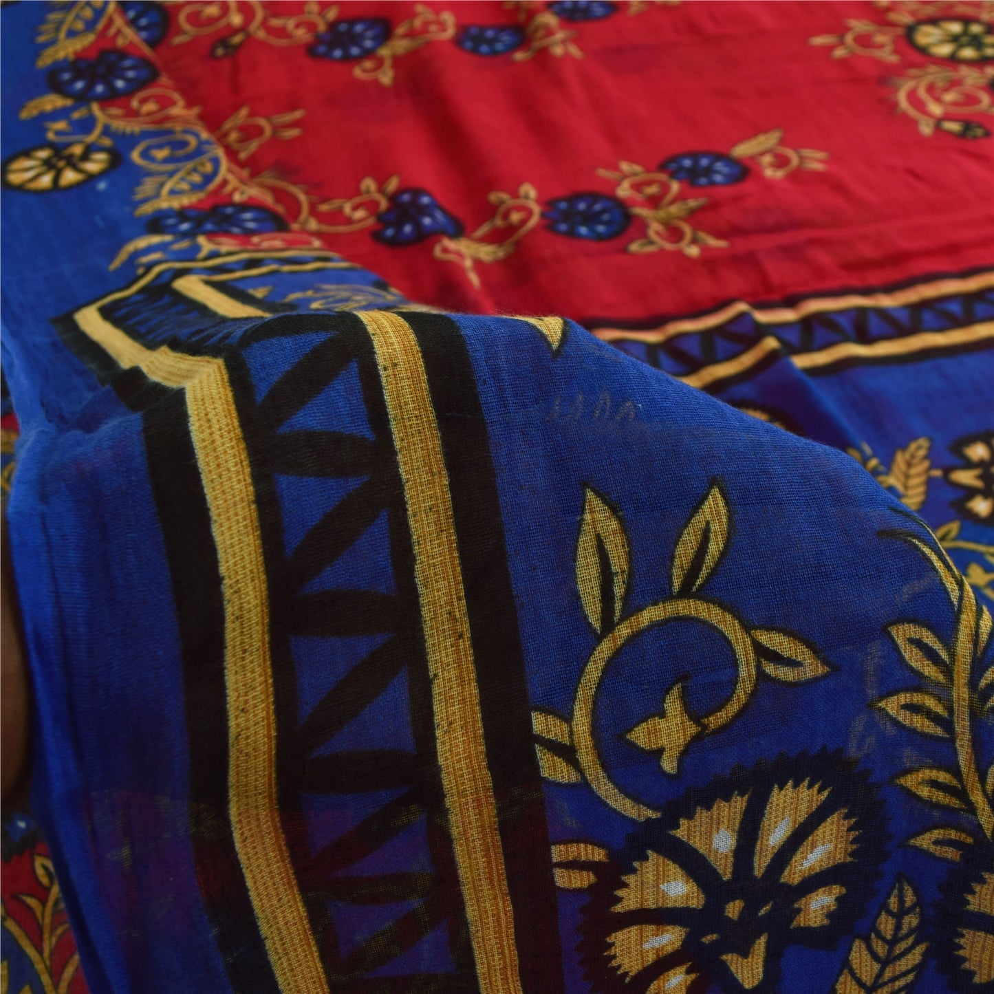 Sanskriti Vintage Sarees Red & Blue Pure Cotton Printed Sari 5+yd Craft Fabric