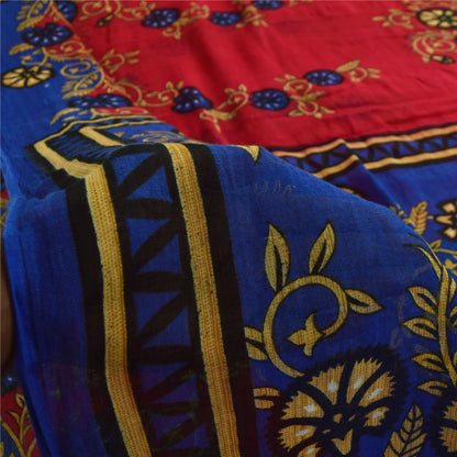 Sanskriti Vintage Sarees Red & Blue Pure Cotton Printed Sari 5+yd Craft Fabric