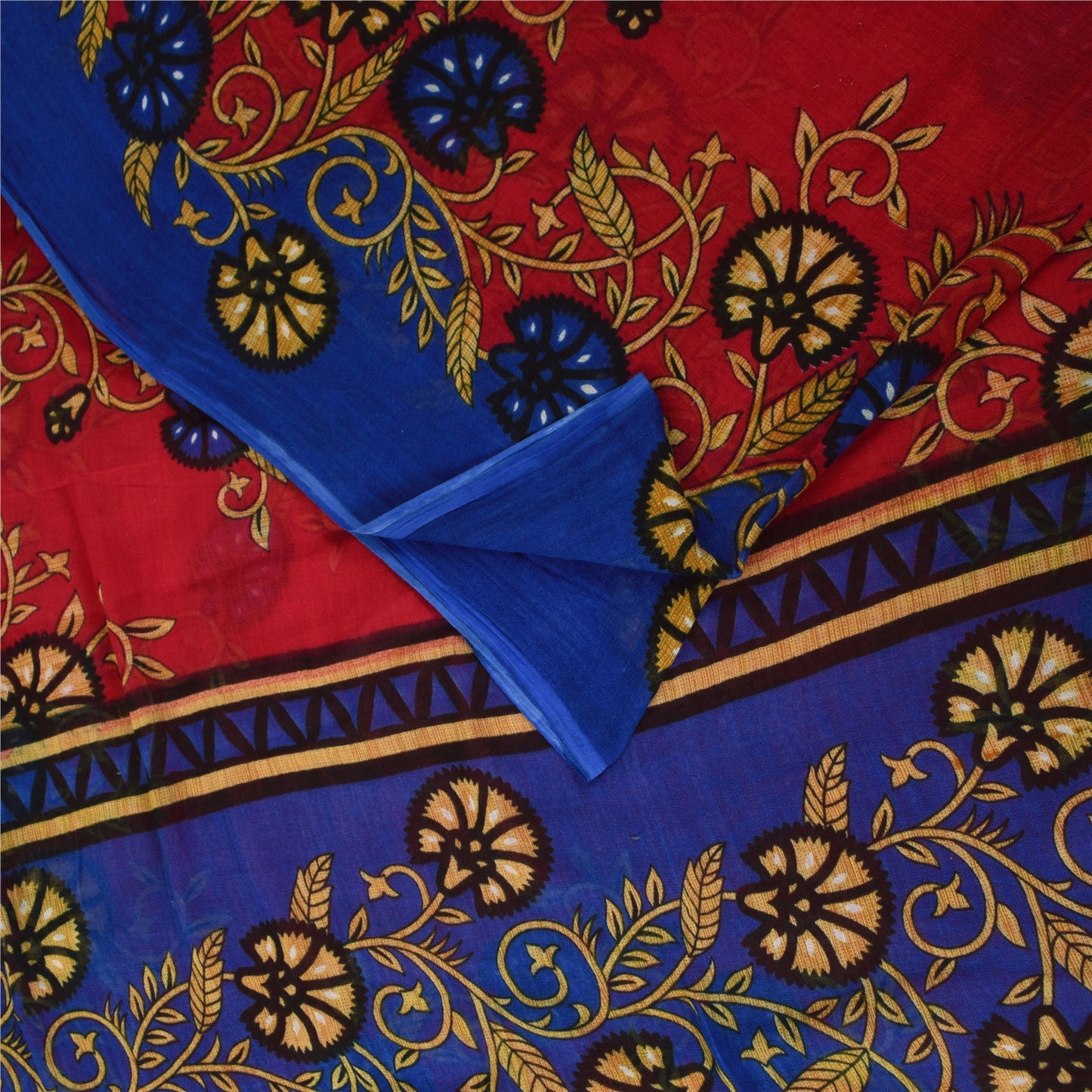 Sanskriti Vintage Sarees Red & Blue Pure Cotton Printed Sari 5+yd Craft Fabric