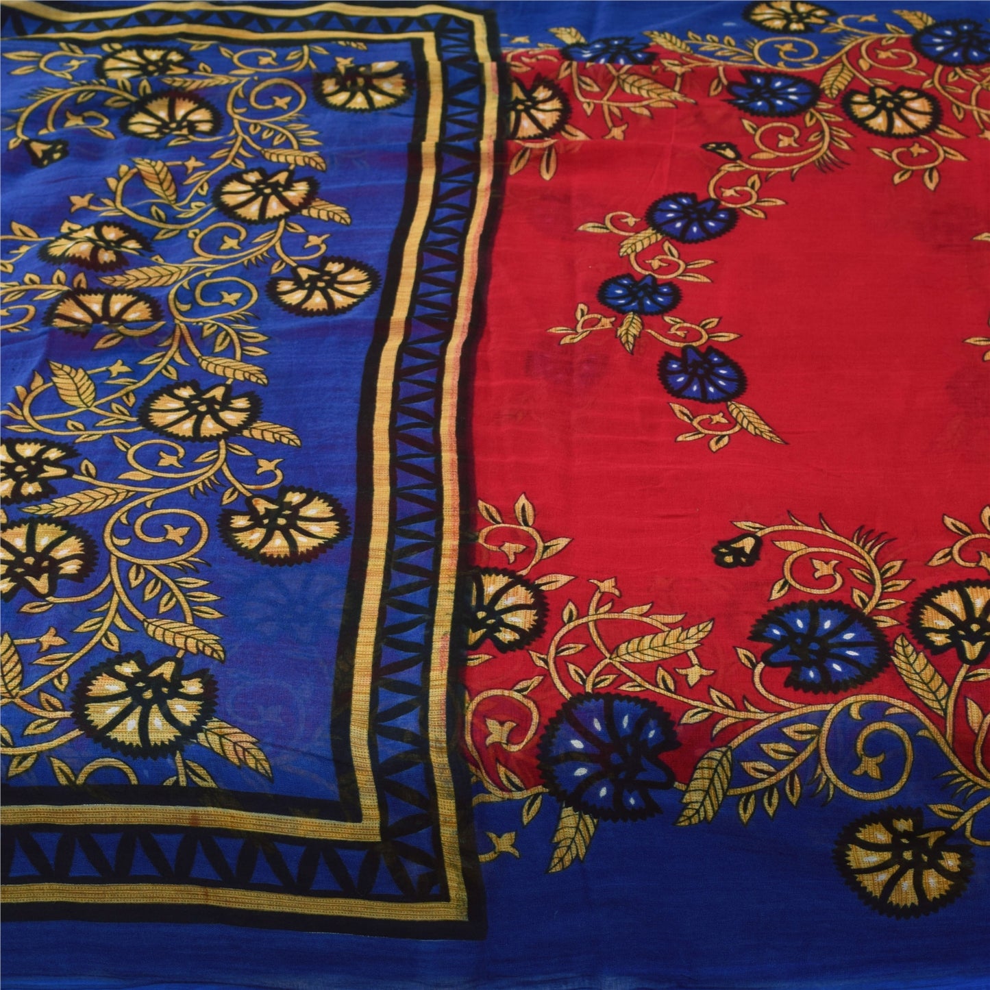 Sanskriti Vintage Sarees Red & Blue Pure Cotton Printed Sari 5+yd Craft Fabric