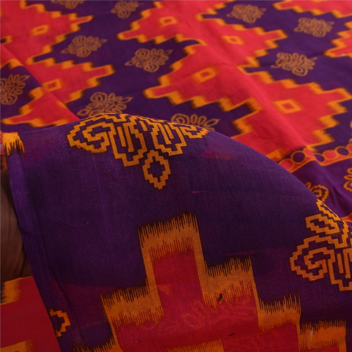 Sanskriti Vintage Sarees Pink & Purple Pure Cotton Print Sari 5+yd Craft Fabric