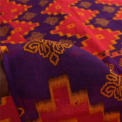 Sanskriti Vintage Sarees Pink & Purple Pure Cotton Print Sari 5+yd Craft Fabric