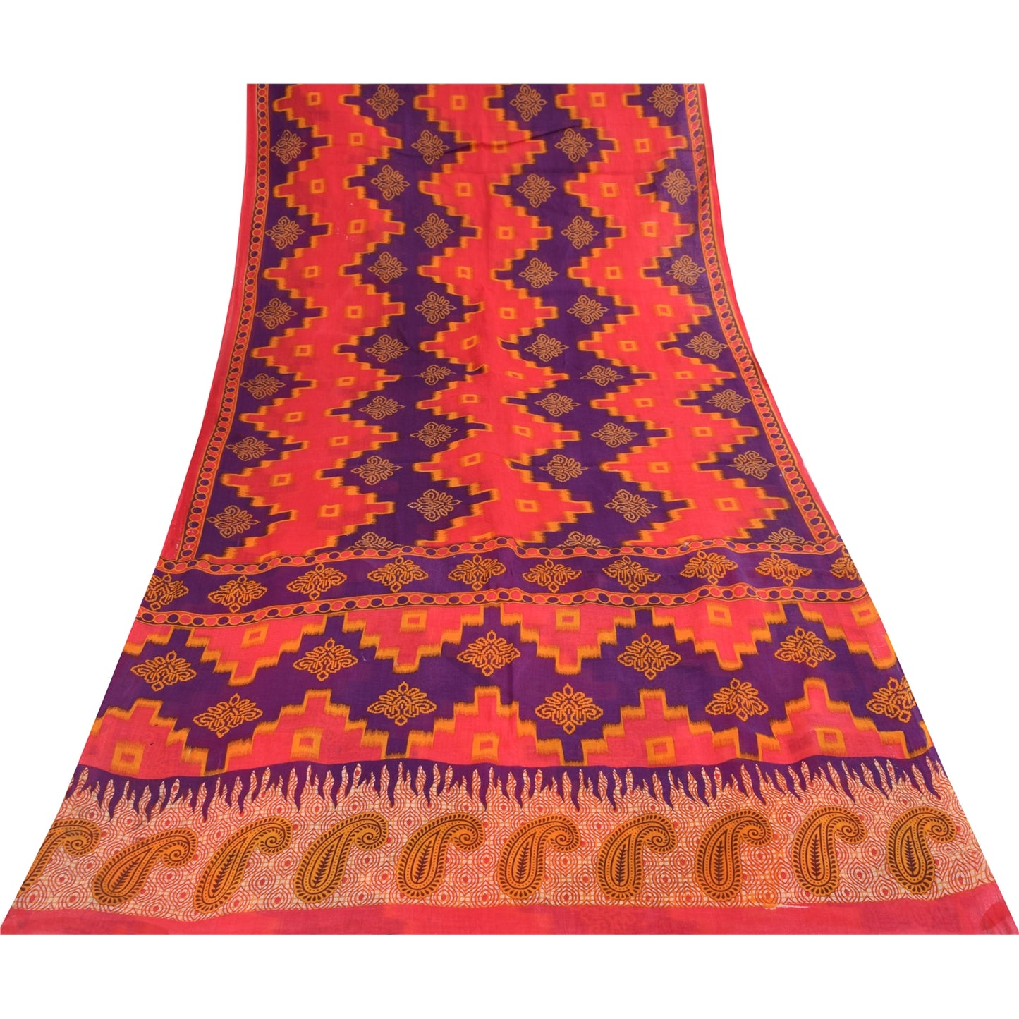 Sanskriti Vintage Sarees Pink & Purple Pure Cotton Print Sari 5+yd Craft Fabric