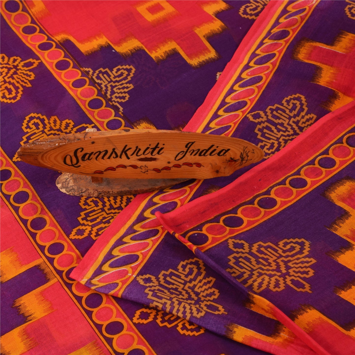 Sanskriti Vintage Sarees Pink & Purple Pure Cotton Print Sari 5+yd Craft Fabric