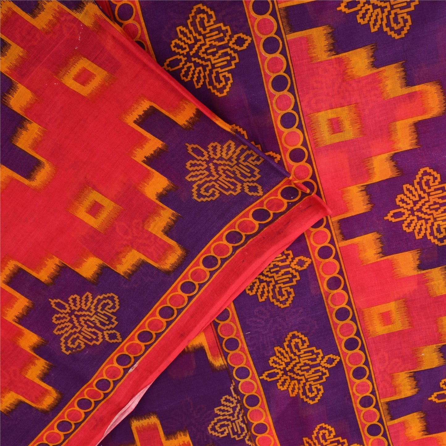 Sanskriti Vintage Sarees Pink & Purple Pure Cotton Print Sari 5+yd Craft Fabric