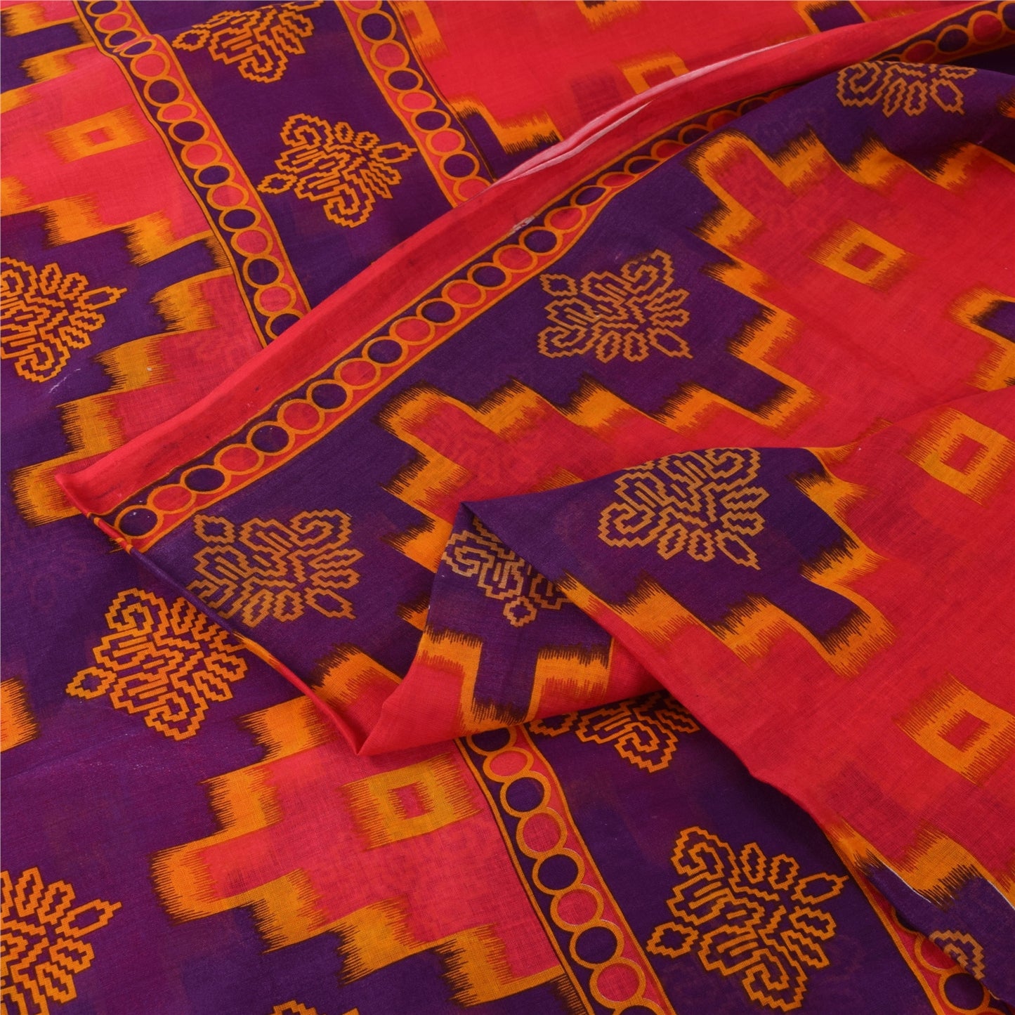 Sanskriti Vintage Sarees Pink & Purple Pure Cotton Print Sari 5+yd Craft Fabric
