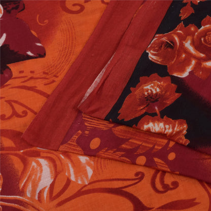Sanskriti Vintage Sarees Indian Orange Pure Cotton Print Sari 5+yd Craft Fabric