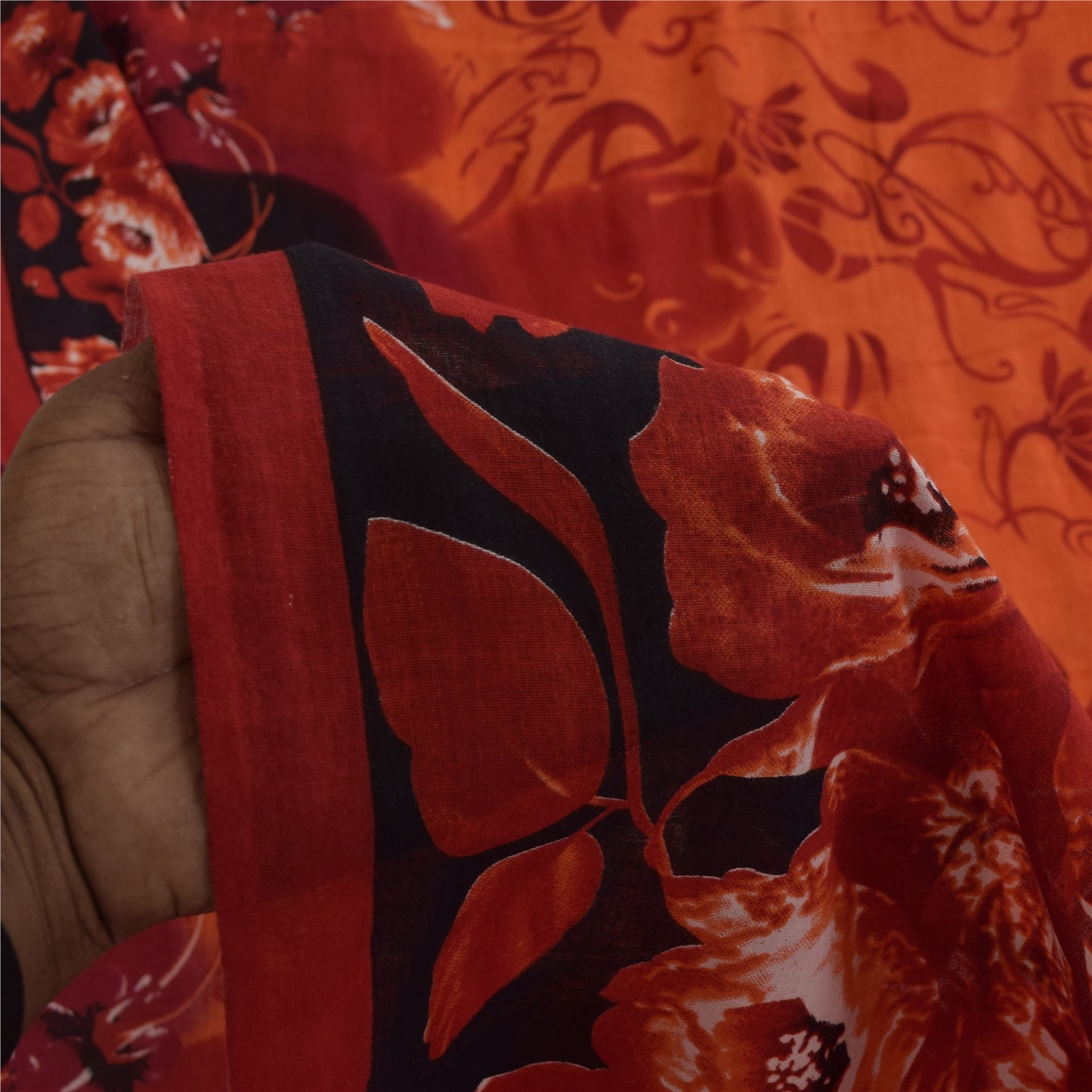 Sanskriti Vintage Sarees Indian Orange Pure Cotton Print Sari 5+yd Craft Fabric