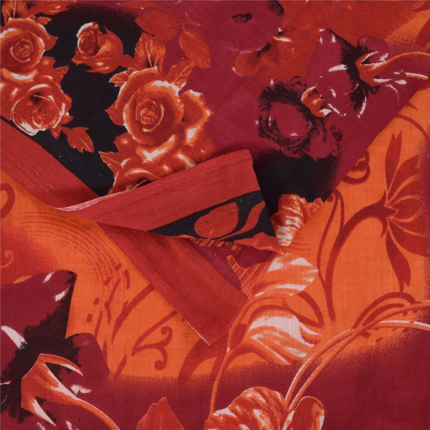 Sanskriti Vintage Sarees Indian Orange Pure Cotton Print Sari 5+yd Craft Fabric