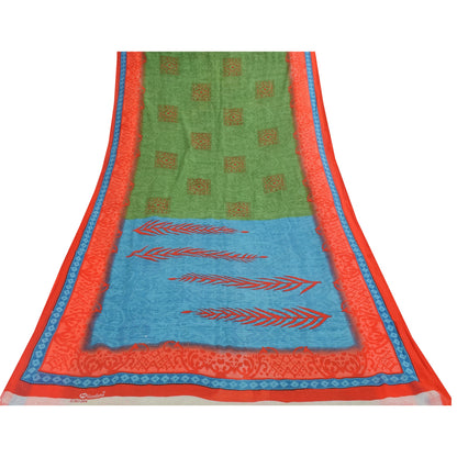 Sanskriti Vintage Sarees Pure Cotton Green Floral Printed Sari 5+yd Craft Fabric