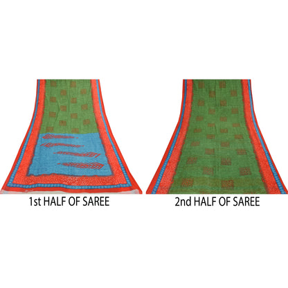 Sanskriti Vintage Sarees Pure Cotton Green Floral Printed Sari 5+yd Craft Fabric