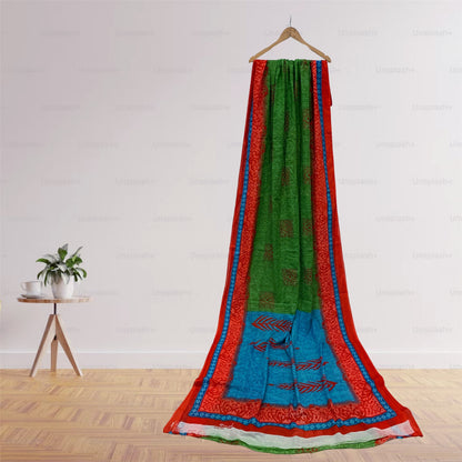 Sanskriti Vintage Sarees Pure Cotton Green Floral Printed Sari 5+yd Craft Fabric