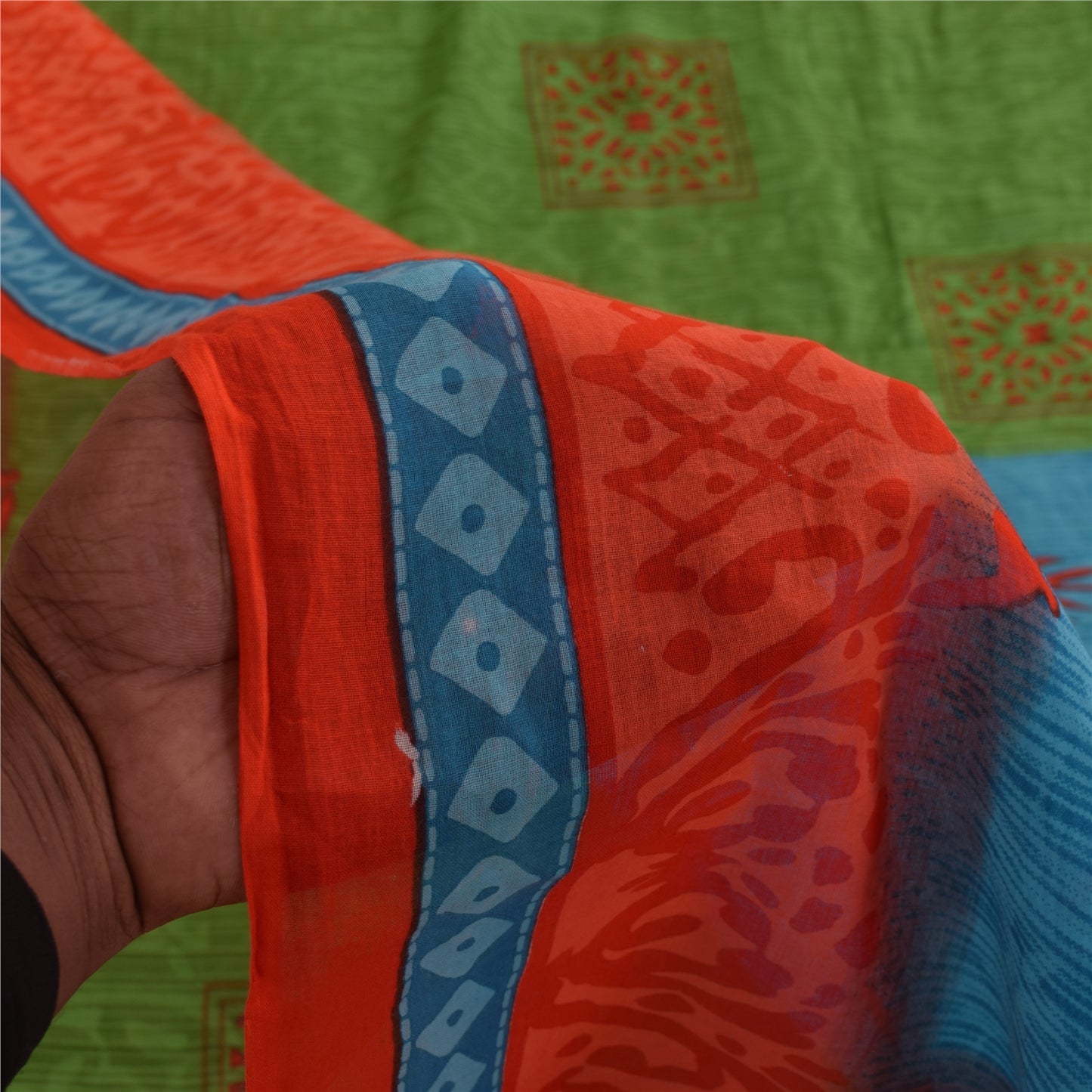 Sanskriti Vintage Sarees Pure Cotton Green Floral Printed Sari 5+yd Craft Fabric