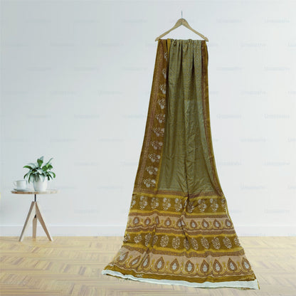 Sanskriti Vintage Sarees Indian Green Pure Cotton Printed Sari 5+yd Craft Fabric