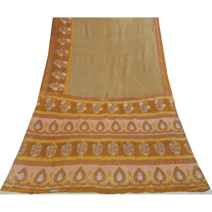 Sanskriti Vintage Sarees Indian Green Pure Cotton Printed Sari 5+yd Craft Fabric