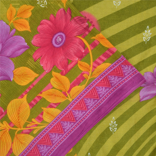 Sanskriti Vintage Sarees Green Pure Cotton Floral Printed Sari 5+yd Craft Fabric
