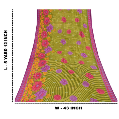 Sanskriti Vintage Sarees Green Pure Cotton Floral Printed Sari 5+yd Craft Fabric