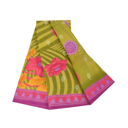 Sanskriti Vintage Sarees Green Pure Cotton Floral Printed Sari 5+yd Craft Fabric