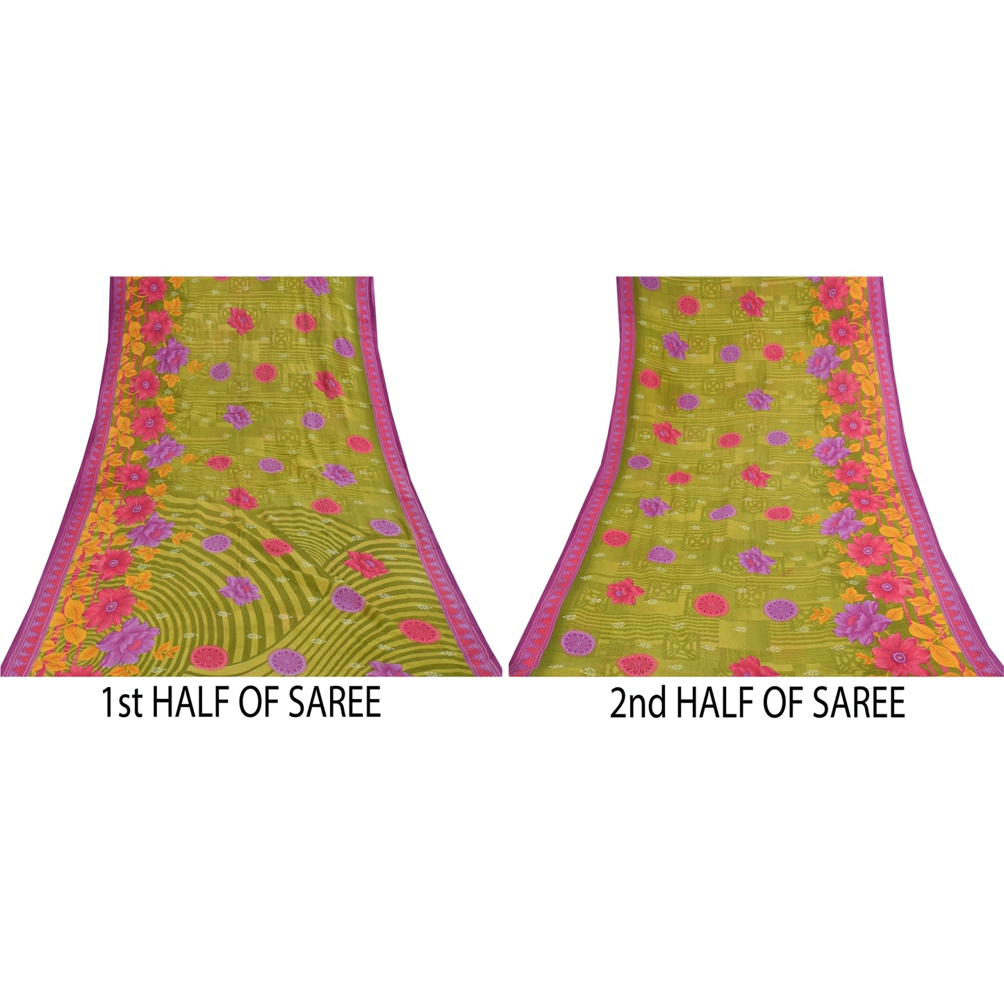 Sanskriti Vintage Sarees Green Pure Cotton Floral Printed Sari 5+yd Craft Fabric