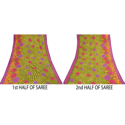 Sanskriti Vintage Sarees Green Pure Cotton Floral Printed Sari 5+yd Craft Fabric