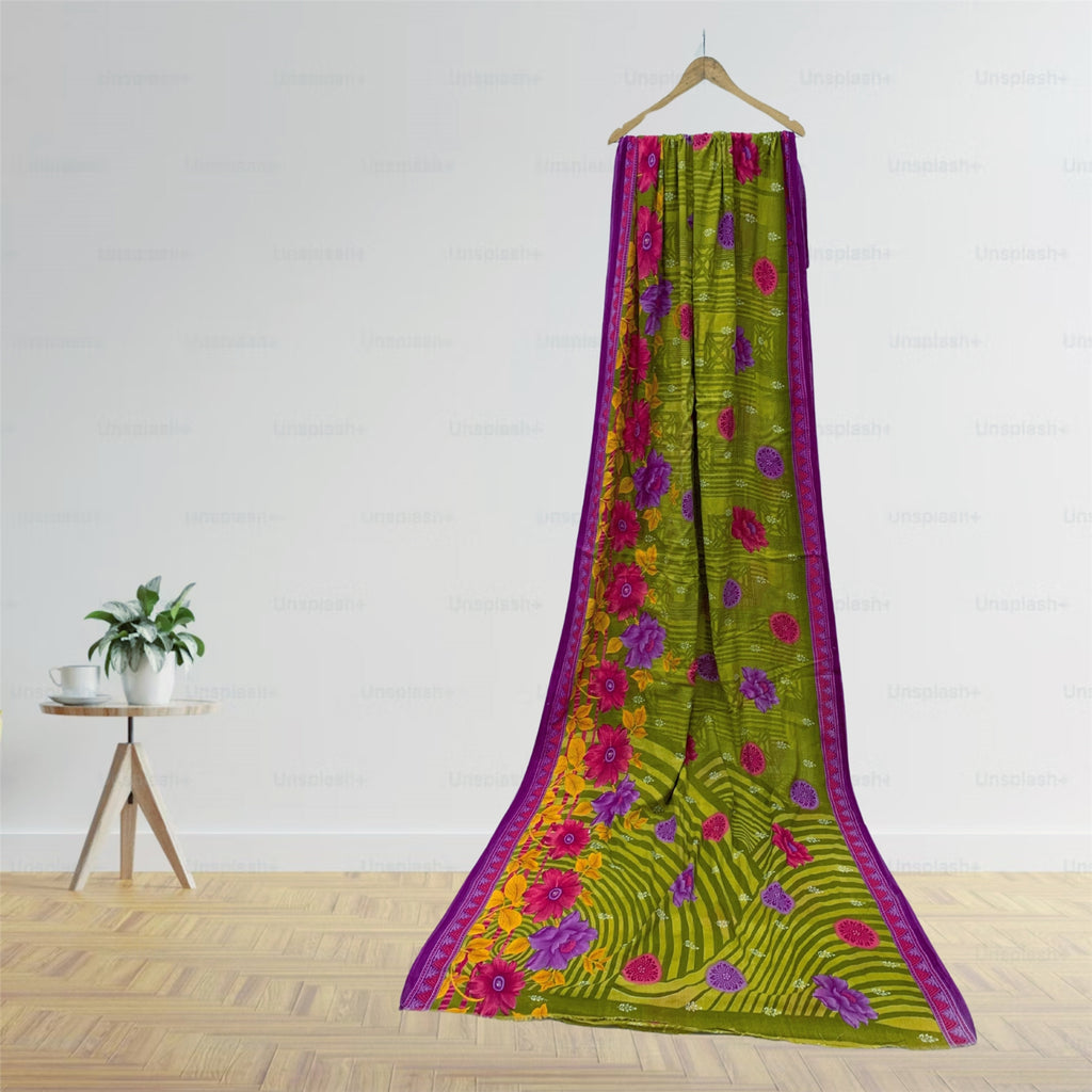 Sanskriti Vintage Sarees Green Pure Cotton Floral Printed Sari 5+yd Craft Fabric