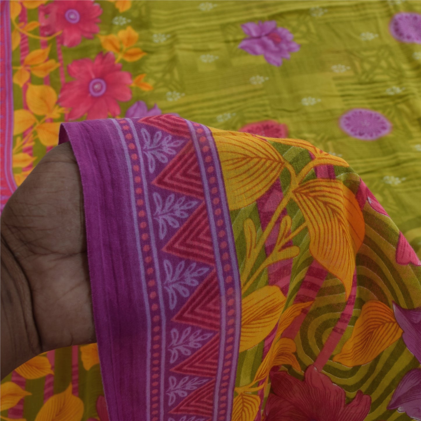 Sanskriti Vintage Sarees Green Pure Cotton Floral Printed Sari 5+yd Craft Fabric