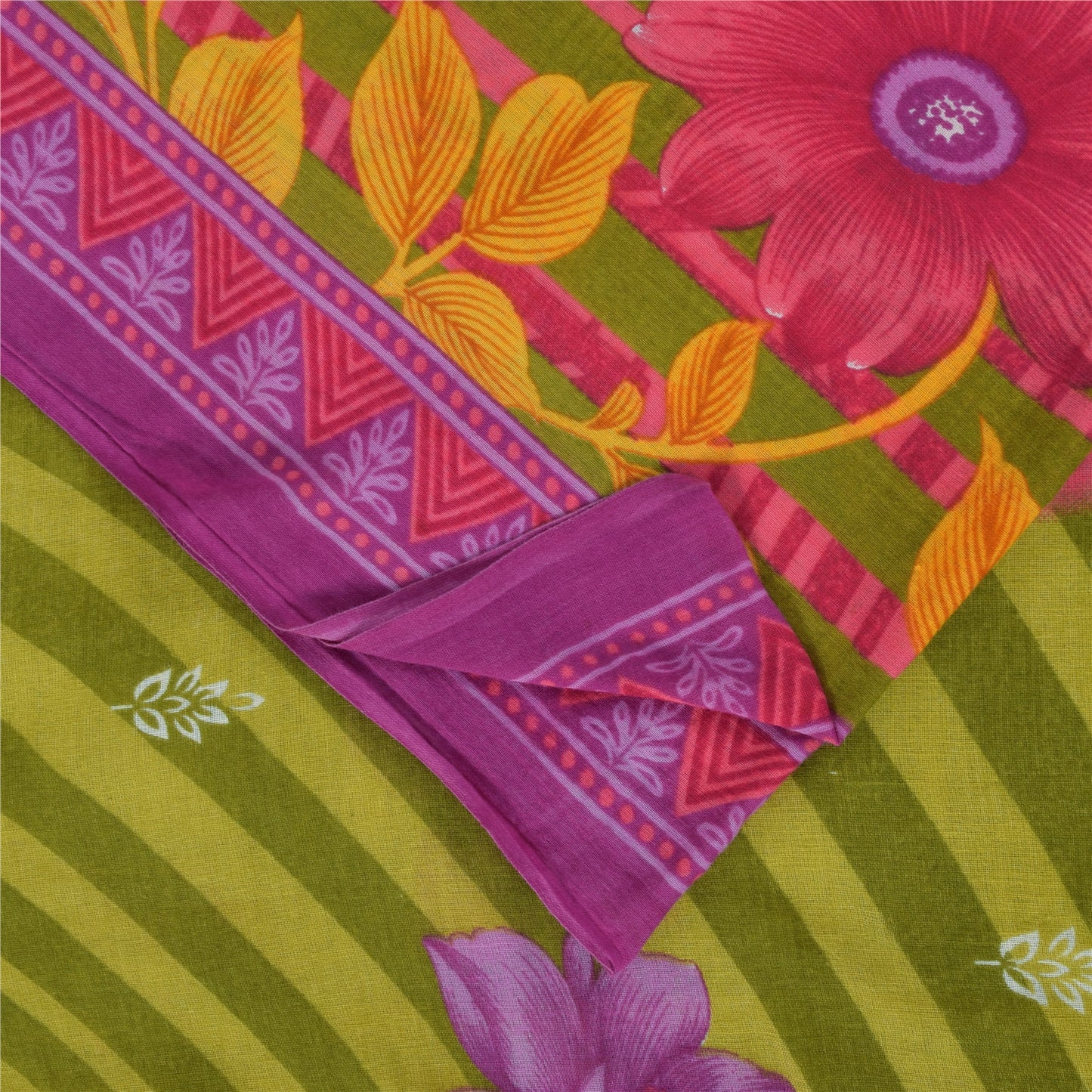 Sanskriti Vintage Sarees Green Pure Cotton Floral Printed Sari 5+yd Craft Fabric