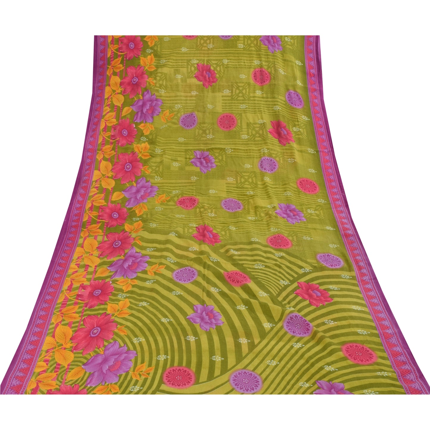 Sanskriti Vintage Sarees Green Pure Cotton Floral Printed Sari 5+yd Craft Fabric