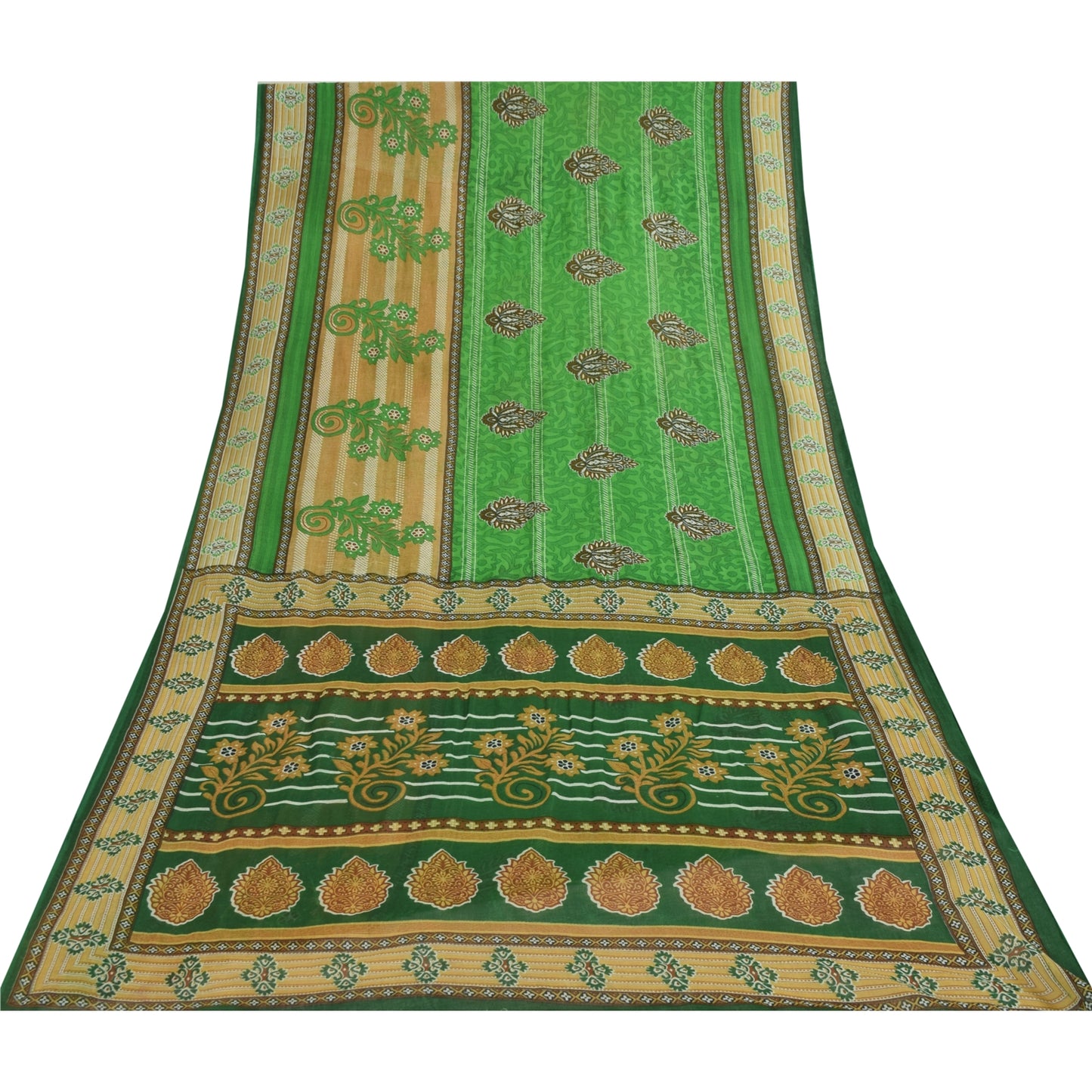 Sanskriti Vintage Sarees Green Pure Cotton Floral Printed Sari 5+yd Craft Fabric