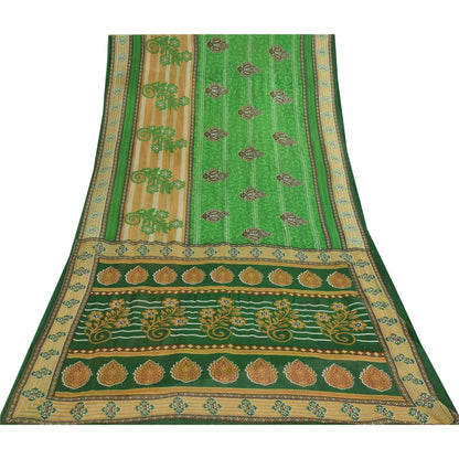 Sanskriti Vintage Sarees Green Pure Cotton Floral Printed Sari 5+yd Craft Fabric