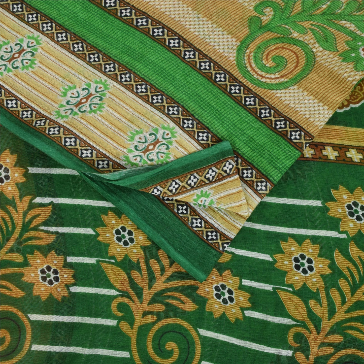 Sanskriti Vintage Sarees Green Pure Cotton Floral Printed Sari 5+yd Craft Fabric