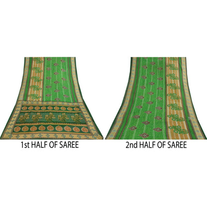 Sanskriti Vintage Sarees Green Pure Cotton Floral Printed Sari 5+yd Craft Fabric