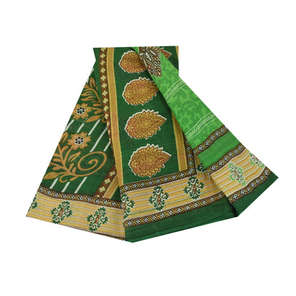 Sanskriti Vintage Sarees Green Pure Cotton Floral Printed Sari 5+yd Craft Fabric