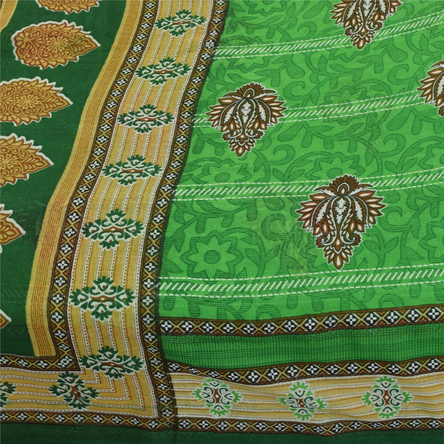 Sanskriti Vintage Sarees Green Pure Cotton Floral Printed Sari 5+yd Craft Fabric