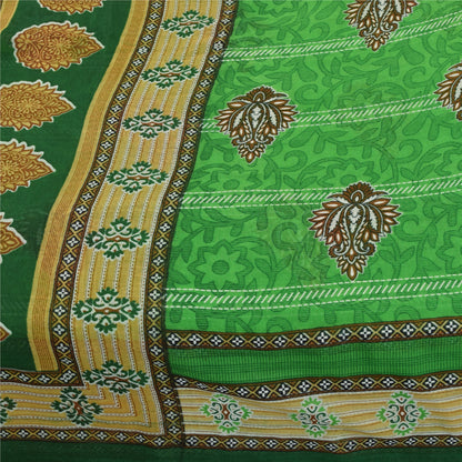 Sanskriti Vintage Sarees Green Pure Cotton Floral Printed Sari 5+yd Craft Fabric
