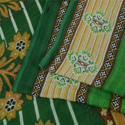 Sanskriti Vintage Sarees Green Pure Cotton Floral Printed Sari 5+yd Craft Fabric