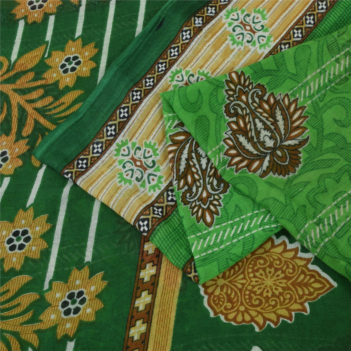Sanskriti Vintage Sarees Green Pure Cotton Floral Printed Sari 5+yd Craft Fabric