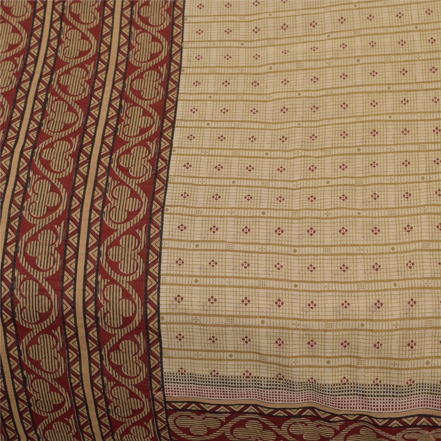 Sanskriti Vintage Sarees Cream Pure Cotton Floral Printed Sari 5+yd Craft Fabric