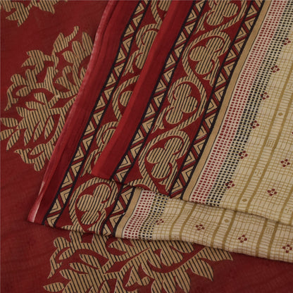 Sanskriti Vintage Sarees Cream Pure Cotton Floral Printed Sari 5+yd Craft Fabric