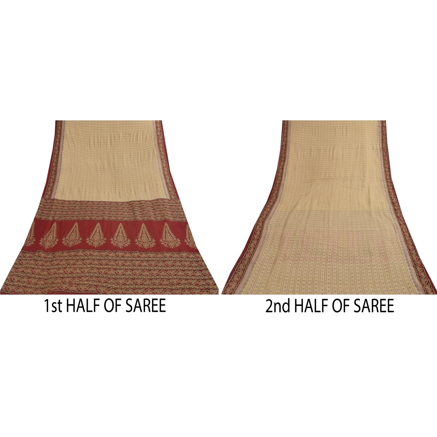 Sanskriti Vintage Sarees Cream Pure Cotton Floral Printed Sari 5+yd Craft Fabric