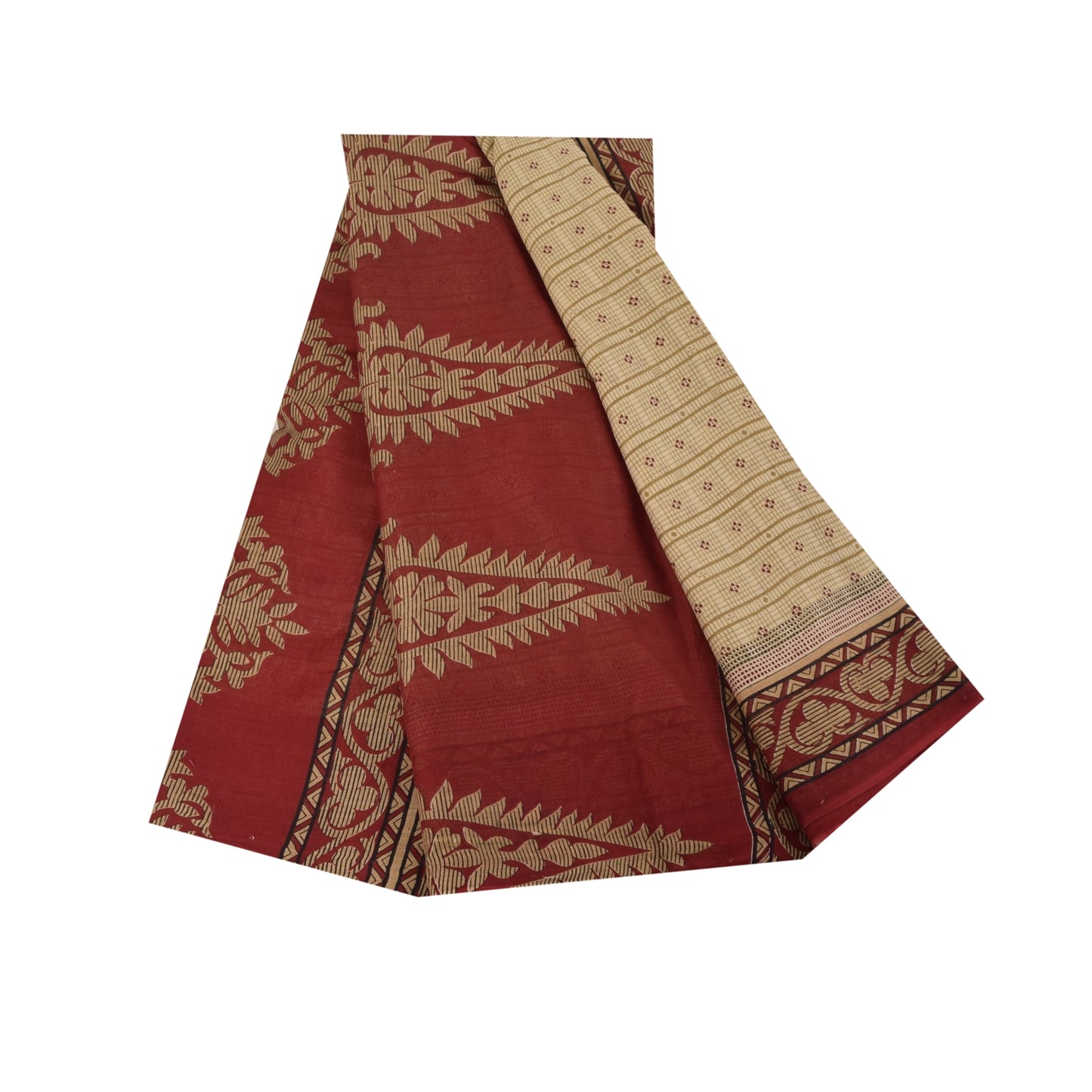 Sanskriti Vintage Sarees Cream Pure Cotton Floral Printed Sari 5+yd Craft Fabric