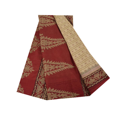Sanskriti Vintage Sarees Cream Pure Cotton Floral Printed Sari 5+yd Craft Fabric