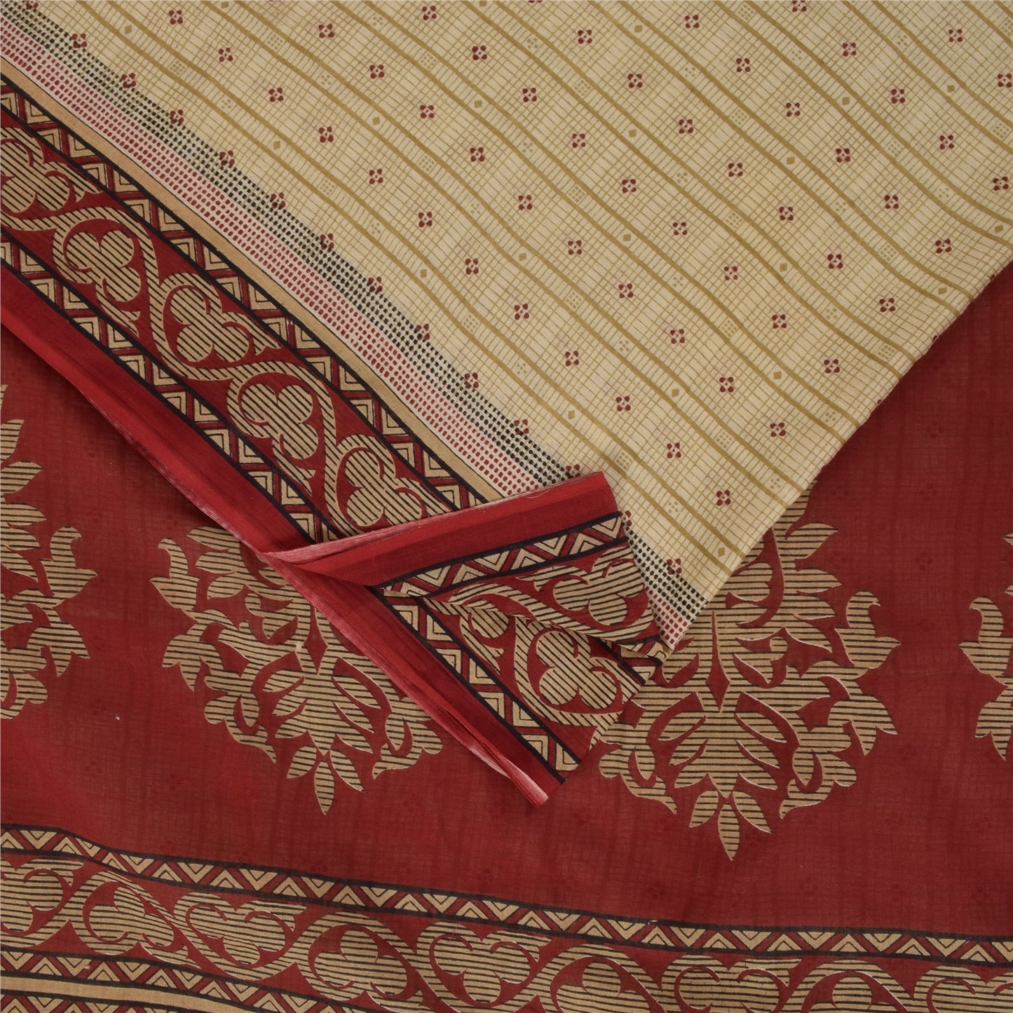 Sanskriti Vintage Sarees Cream Pure Cotton Floral Printed Sari 5+yd Craft Fabric