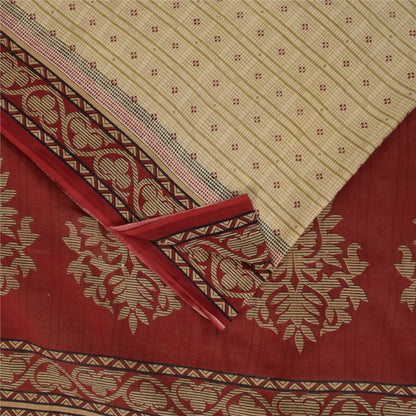 Sanskriti Vintage Sarees Cream Pure Cotton Floral Printed Sari 5+yd Craft Fabric
