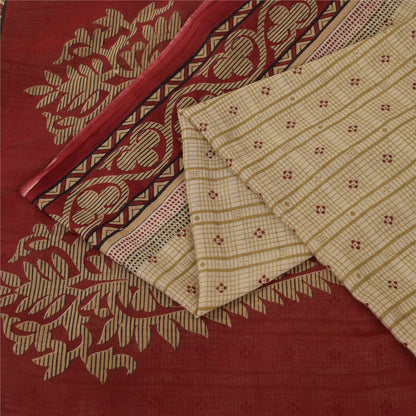 Sanskriti Vintage Sarees Cream Pure Cotton Floral Printed Sari 5+yd Craft Fabric