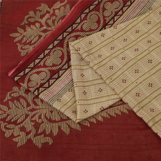Sanskriti Vintage Sarees Cream Pure Cotton Floral Printed Sari 5+yd Craft Fabric