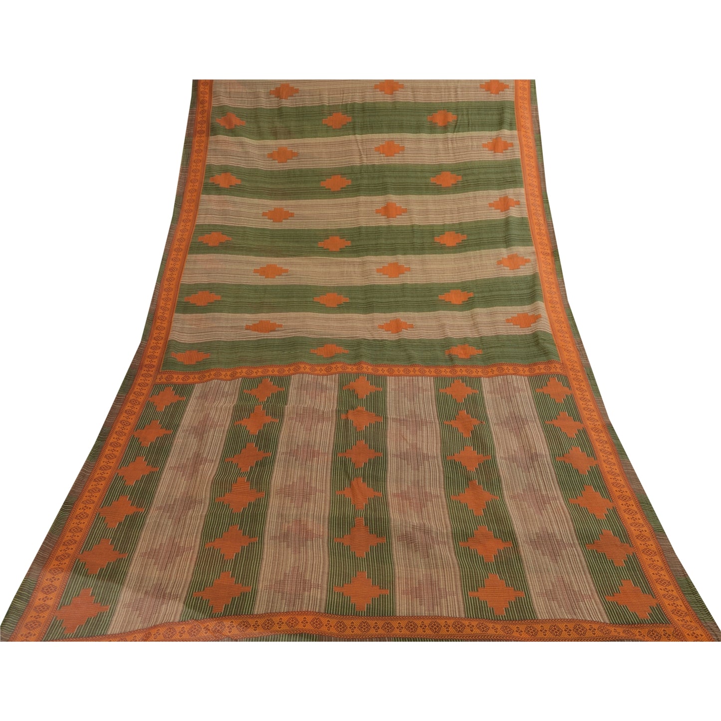 Sanskriti Vintage Sarees Green & Brown Pure Cotton Geometric Printed Sari Fabric