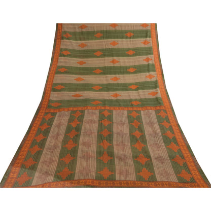 Sanskriti Vintage Sarees Green & Brown Pure Cotton Geometric Printed Sari Fabric