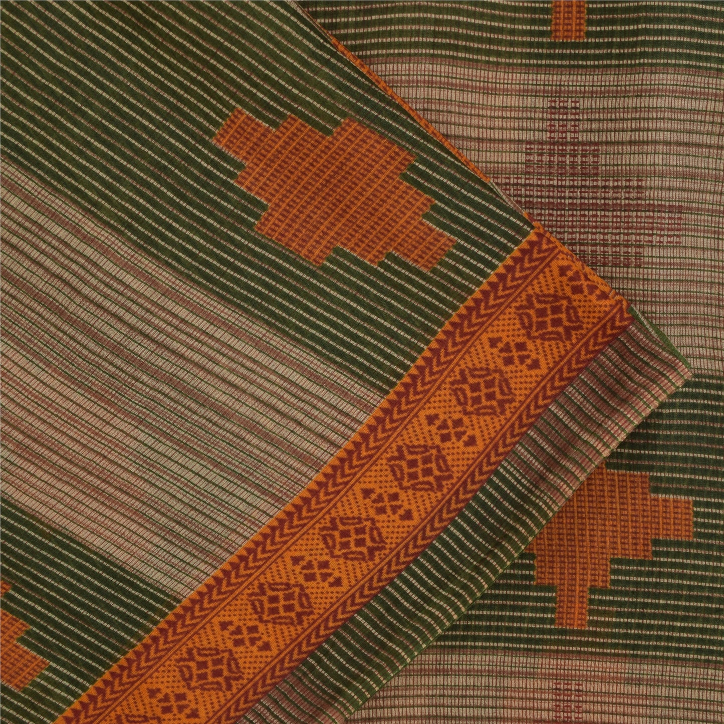 Sanskriti Vintage Sarees Green & Brown Pure Cotton Geometric Printed Sari Fabric