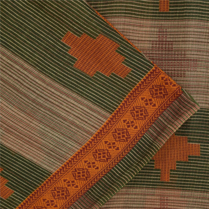 Sanskriti Vintage Sarees Green & Brown Pure Cotton Geometric Printed Sari Fabric